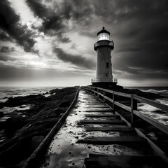 Wall Mural - Dramatic black and white photo of an old lighthouse