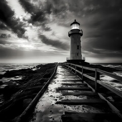 Canvas Print - Dramatic black and white photo of an old lighthouse