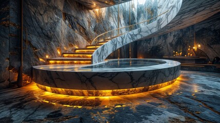 Poster - a stone stairway in a futuristic interior.