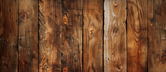 Poster - A wooden wall created from a series of planks and boards, displaying a sepia texture. The different pieces of wood are arranged in a precise pattern, forming a sturdy and rustic barrier.