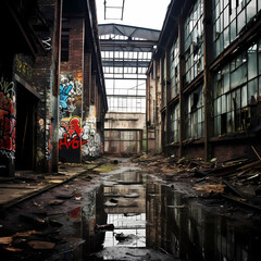 Poster - Grungy abandoned factory with broken windows. 