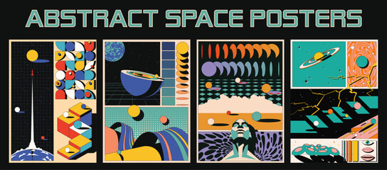 Wall Mural - Abstract Space Posters. Abstract Dimensions, Geometric Backgrounds, Planets. Space Rocket, Shapes 