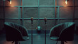 © JW Studio - Behind the scenes empty scene of two chairs and microphones stand in interview or podcast room isolated on luxury background, concept of silence after the hubbub, intense preparation of the program