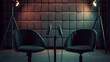 Behind the scenes empty scene of two chairs and microphones stand in interview or podcast room isolated on luxury background, concept of silence after the hubbub, intense preparation of the program