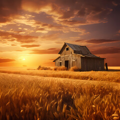 Wall Mural - Rustic barn in a golden wheat field at sunset.