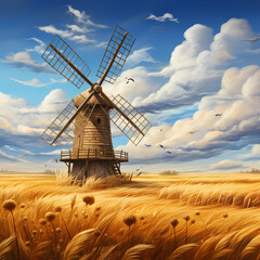 Wall Mural - Rustic windmill in a golden wheat field.