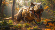 Ferocious Tyrannosaurus Rex roaring in a sunlit prehistoric forest.