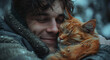 Man in winter clothing smiling and cuddling with a ginger cat, with snowflakes around.
