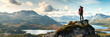 Banner of male tourist standing on top of a rock. man enjoying fascinating view with mountains and lakes around