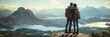 Banner with back view of two tourists, a couple standing and hugging on top of a rock and enjoying fascinating view with mountains and lakes around