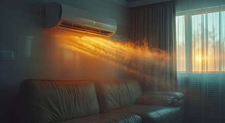 Wall Mural - Modern air conditioner on wall emitting cool air in a cozy living room with warm sunlight filtering through window blinds.