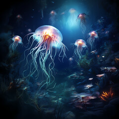 Poster - Surreal underwater world with glowing sea creatures