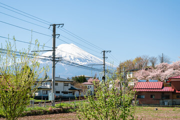 Sticker - Fujiyoshida country village and Fuji Mountain at spring in Yamanashi, Japan