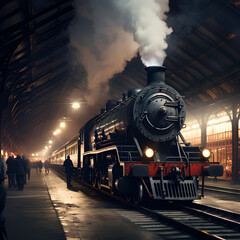 Poster - Vintage train station with steam locomotive.