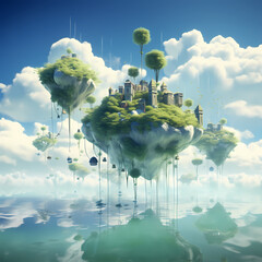 Wall Mural - Whimsical fairytale scene with floating islands in the sky.