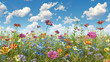 © Naqash - A picturesque panorama of a blooming flower field during summertime, featuring a variety of vibrant flowers against a backdrop of blue skies, perfect for capturing the beauty of nature