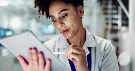 Wall Mural - Science, laboratory and woman on tablet for online research, medical analysis and report. Healthcare, biotechnology and scientist on digital tech and equipment for experiment, lab study and results