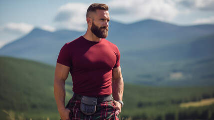 Scottish brutal man in a kilt and T-shirt stands against the background of a valley and mountains