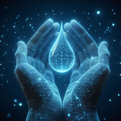 Two human hands are holding a water drop, a High poly glowing wireframe, isolated on a dark blue background, hyper-detailed scenes, World Water Day