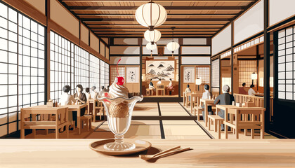 The concept of the image of a fashionable Japanese café. Vector illustration.
