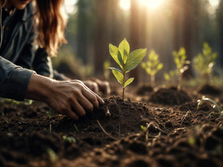 People wearing gardening gloves plant young tree seedlings in freshly dug soil. Generative AI.