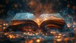 Magic Book With Open Antique Pages And Abstract Bokeh Lights Glowing In Dark Background 