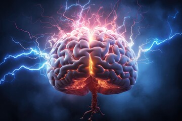 Poster - Abstract illustration of a brain surrounded, Human brain with a thunderbolt, 3D illustration, mind power concept with the human brain and light rays, Ai generated