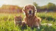 Golden Retriever dog and cat together in the grass at sunset