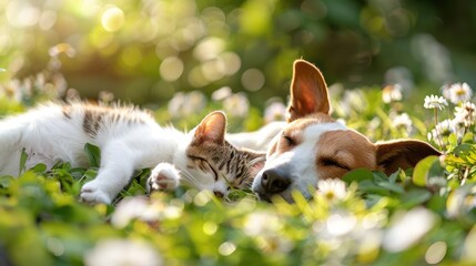 Wall Mural - Cute dog and cat sleeping together on the grass in the garden