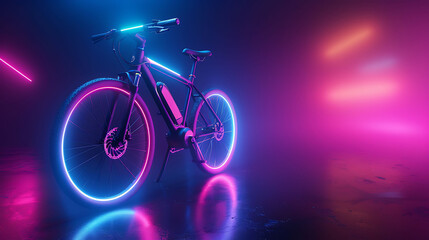 3d high tech smart bicycle electric, bike colorful neon lights background