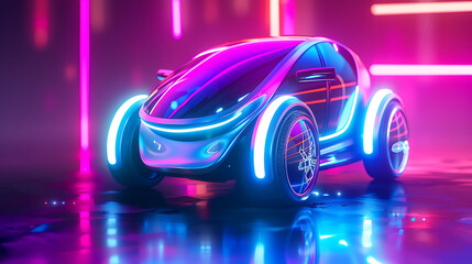 3d high tech smart car electric, colorful neon lights background