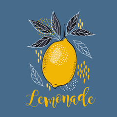 Wall Mural - Lemon vector drawing. Citrus fruit square label template. Hand drawn summer illustration. Packaging design concept. Great for tea, juice, natural cosmetics, lemonade