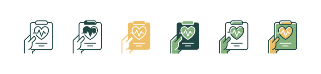 Wall Mural - cardiology heartbeat medical check-up report icon set hand holding diagnosis prescription clipboard vector illustration