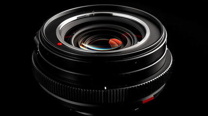 Wall Mural - Close-up front view of wide-angle camera lens on dark background. The eyes of the photographer. Camera Lens With Reflections. A Macro photo of The diaphragm of a camera lens aperture. Modern Wide.