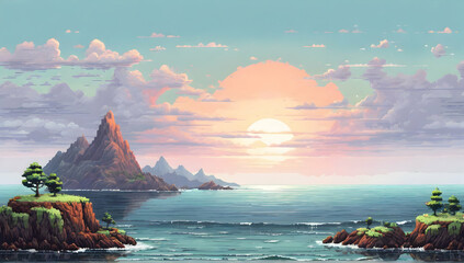 Wall Mural - Island at sunrice over the ocean landscape background. 8 bit pixel art style illustration.