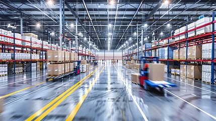 Logistics Hub: Warehouse Interior with Goods on Pallets, Motion Blurred Forklift