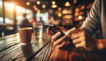 A young adult engages with a smartphone in the warm, inviting ambiance of a dimly lit cafe, with soft bokeh lights in the background.