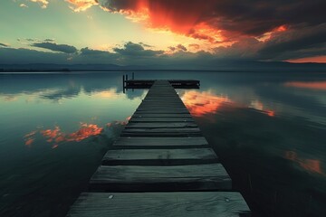 Wall Mural - Peaceful Sunset Over Lake, Wooden Dock on Calm Water, Serene Reflection of Pier in the Lake, Sunset Over a Lake with a Pier.