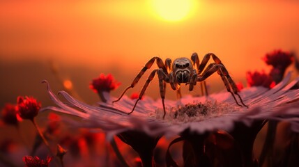Close-up of a spider on a pink flower at Sunset in Summer. Nature, Landscape, Sun, Golden Hour, Insects, Animals in the forest, Field concepts. A horizontal Banner with Copy Space.