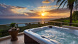Luxury bubble bathtub under palm tree with ocean view at sunset, spa and wellness concept, seascape and mountains background