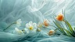 A spring awakening scene with dew-kissed tulips and daffodils emerging from a misty, light blue tulle fabric.