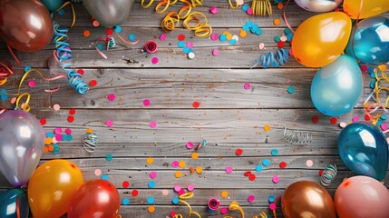 Colorful carnival or party frame of balloons, streamers and confetti on rustic wood planks with copy space