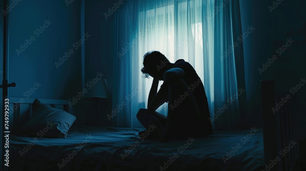 Lonely man silhouette sitting on the bed feeling depressed and stressed ...