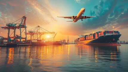 Wall Mural - Logistics and transportation of Container Cargo ship and Cargo plane with working crane bridge in shipyard, logistic import export and transport industry background