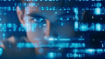 Blue computer patterns give way to the face of a teenager looking at his reflection in the computer monitor