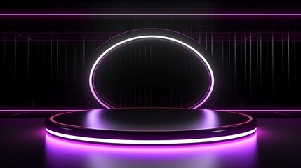 Wall Mural - Circle Neon Light in Black Hall Room. Abstract Geometric Background for Product Display. 3D Rendering.