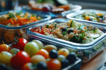 Poster - Various food containers filled with different types of food, suitable for food and beverage industry