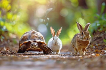 A tortoise and a rabbit standing side by side. Suitable for various concepts