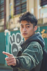 Poster - A man wearing a green jacket pointing at something. Suitable for various concepts and ideas