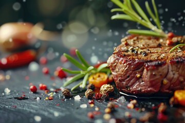 Poster - A detailed close up of a piece of meat on a table. Suitable for food industry concepts